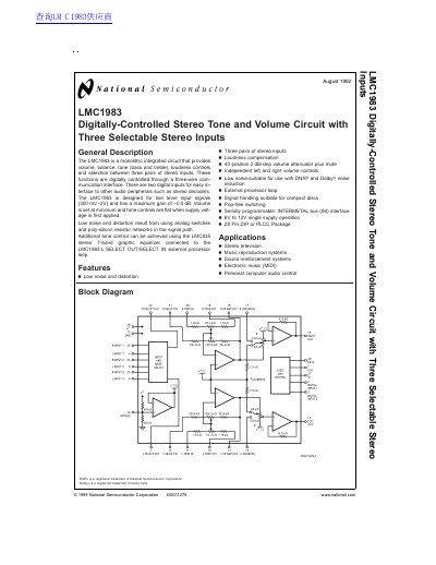 National Semiconductor LMC1983 Digitally-Controlled Stereo Tone and Volume Circuit Datasheet - cover page