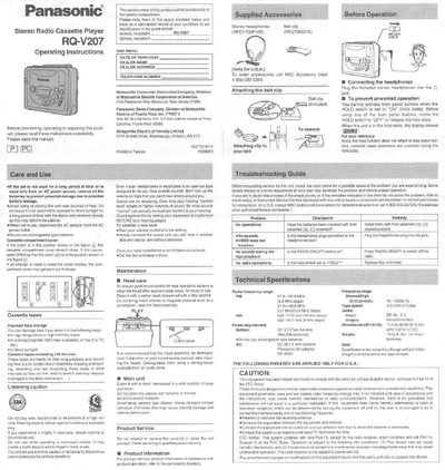 Panasonic RQ-V207 Stereo Radio Cassette Player Operating Instructions - cover page