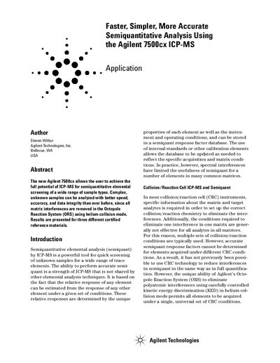 Agilent 7500cx ICP-MS Semiquantitative Analysis Application Note - cover page