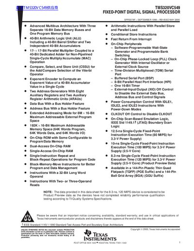 Texas Instruments TMS320VC549 DSP Datasheet - cover page