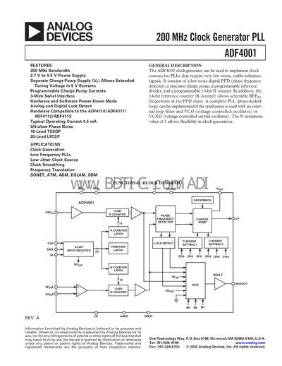 Analog Devices ADF4001 Clock Generator PLL Datasheet - cover page