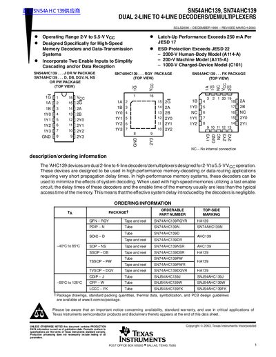 Texas Instruments SN54AHC139/SN74AHC139 Dual 2-Line to 4-Line Decoders/Demultiplexers Datasheet - cover page