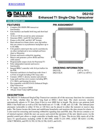 Dallas Semiconductor DS2152 Enhanced T1 Single-Chip Transceiver Datasheet - cover page
