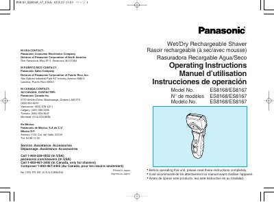 Panasonic ES8168/ES8167 Wet/Dry Rechargeable Shaver Operating Instructions - cover page