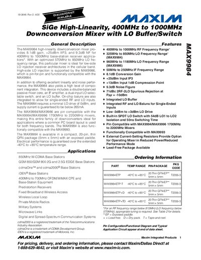 Maxim MAX9984 Downconversion Mixer Datasheet - cover page