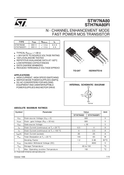 STMicroelectronics STW7NA80 / STH7NA80FI N-Channel Fast Power MOSFET Handbook - cover page