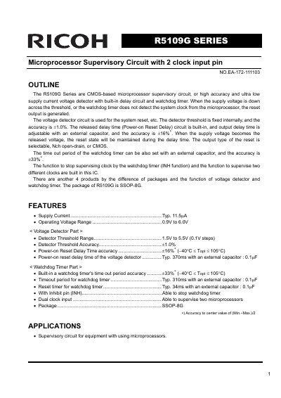 Ricoh R5109G Series Microprocessor Supervisory Circuit Datasheet - cover page