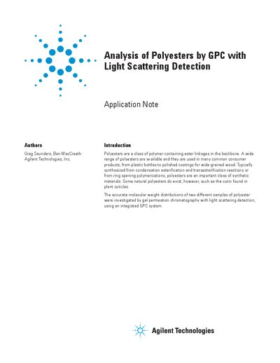 Agilent PL-GPC 50 Plus Analysis of Polyesters by GPC with Light Scattering Detection Application Note - cover page