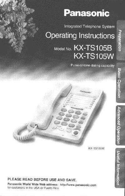 Panasonic KX-TS105B/KX-TS105W Integrated Telephone System Operating Instructions - cover page
