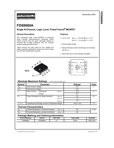Fairchild FDS6680A Single N-Channel Logic Level PowerTrench MOSFET Datasheet