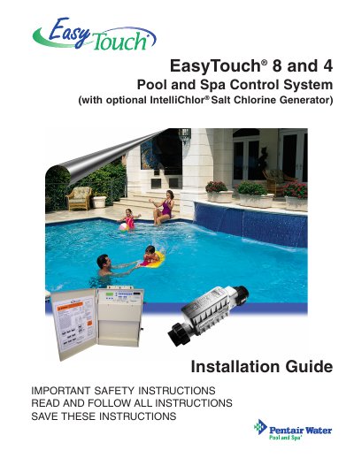 Pentair EasyTouch 8 and 4 Pool and Spa Control System Installation Guide - cover page