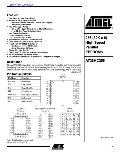 Atmel AT28HC256 256K EEPROM Datasheet - cover page