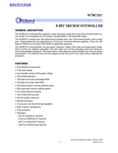 Winbond W78C51C 8-bit Microcontroller Datasheet - cover page