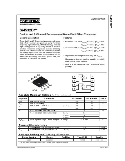 Fairchild Semiconductor Si4532DY Dual N- and P-Channel Enhancement Mode Field Effect Transistor Datasheet - cover page