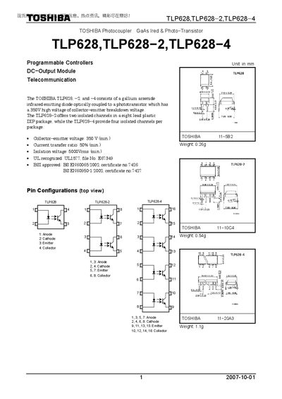 Toshiba TLP628 Series Photocoupler Datasheet - cover page
