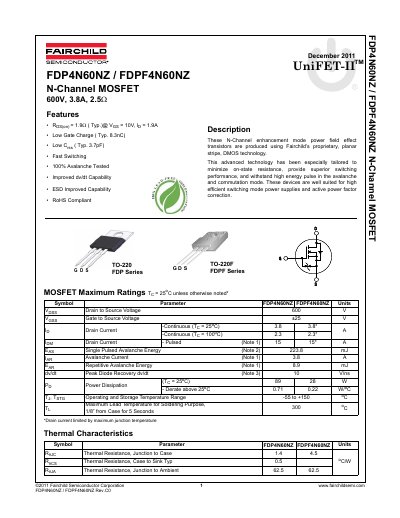 Fairchild FDP4N60NZ/FDPF4N60NZ N-Channel MOSFET Datasheet - cover page