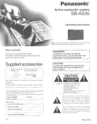 Panasonic SB-AS35 Active Subwoofer Operating Instructions - cover page