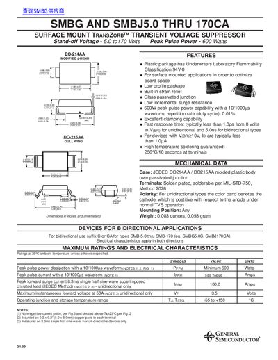 General Semiconductor SMBG/SMBJ5.0-170CA Transient Voltage Suppressor Datasheet - cover page