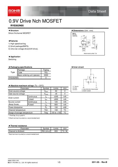 ROHM RYE002N05 N-Channel MOSFET Datasheet - cover page