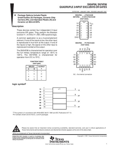 Texas Instruments SN54F86 SN74F86 Quadruple 2‑Input Exclusive‑OR Gate Datasheet - cover page
