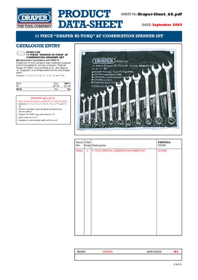 Draper HI‑TORQ AF 11‑Piece Combination Spanner Set Product Sheet - cover page