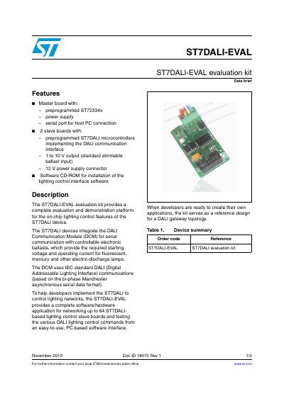 STMicroelectronics ST7DALI-EVAL Evaluation Kit Data Brief