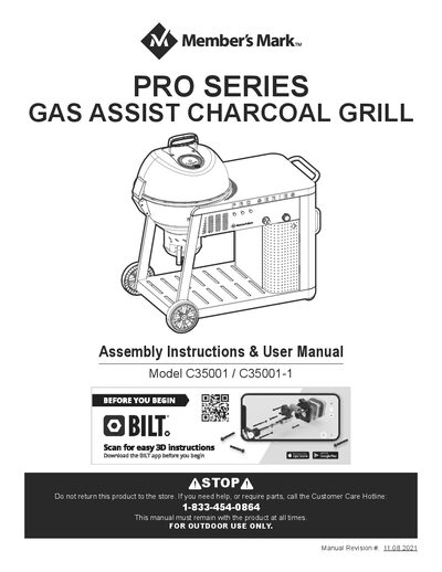 Member's Mark C35001 Gas Assist Charcoal Grill User Manual