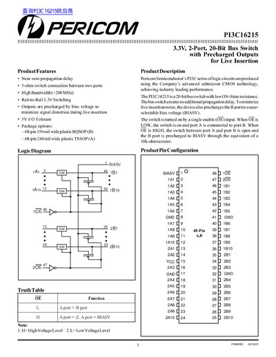 Pericom PI3C16215 3.3V Bus Switch Datasheet - cover page