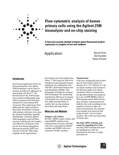 Agilent 2100 Bioanalyzer Flow Cytometric Analysis of Human Primary Cells Application Note - cover page