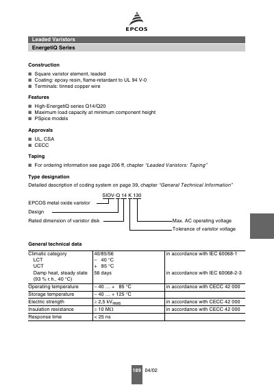 EPCOS SIOV-Q 14 K 130 Varistor Datasheet - cover page
