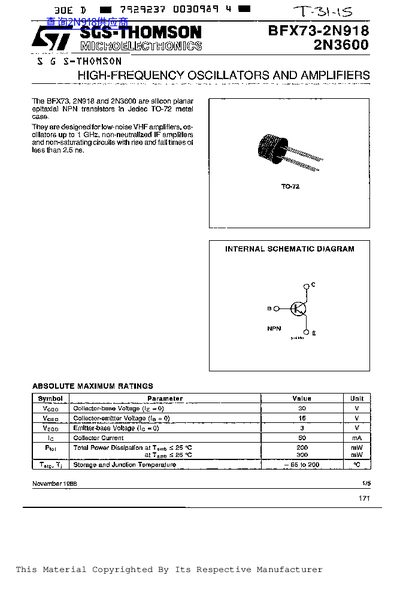 SGS-THOMSON BFX73/2N918/2N3600 Datasheet - cover page