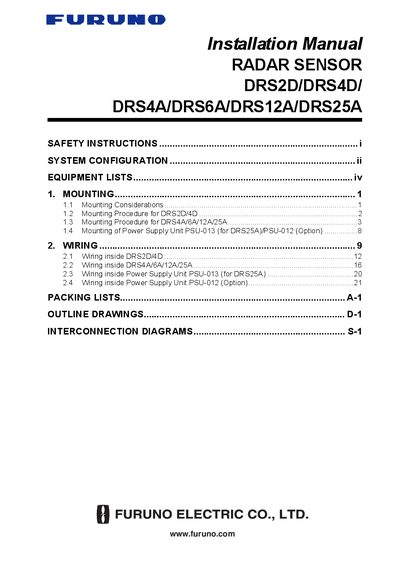 Furuno DRS2D/DRS4D/DRS4A/DRS6A/DRS12A/DRS25A Radar Sensor Installation Guide - cover page