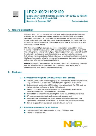 NXP LPC2109/2119/2129 Datasheet - cover page
