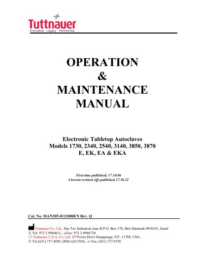 Tuttnauer 1730-3870 Electronic Tabletop Autoclave Operation & Maintenance Manual - cover page