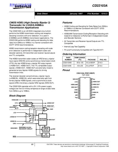 Intersil CD22103A CMOS HDB3 Transcoder Data Sheet - cover page