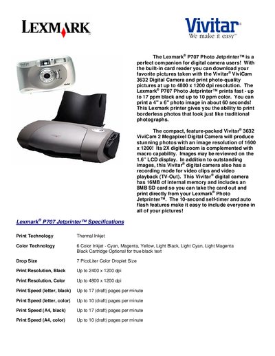 Lexmark P707 Photo Jetprinter Product Leaflet - cover page