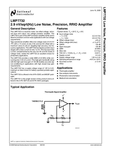 National Semiconductor LMP7732 Low Noise Precision RRIO Amplifier Datasheet - cover page