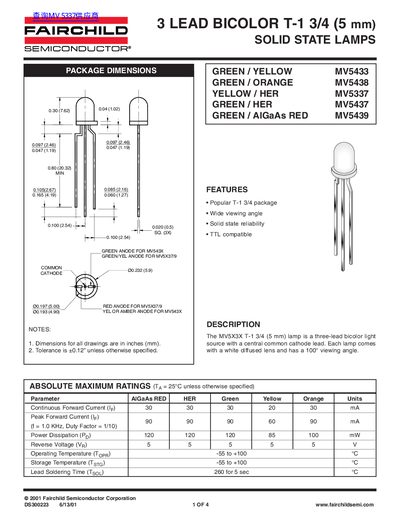 Fairchild Semiconductor MV5X3X 3‑Lead Bicolor T‑1 3/4 (5 mm) Solid State Lamp Datasheet - cover page