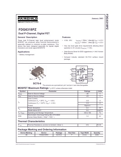 Fairchild FDG6318PZ Dual P-Channel Digital FET Datasheet - cover page