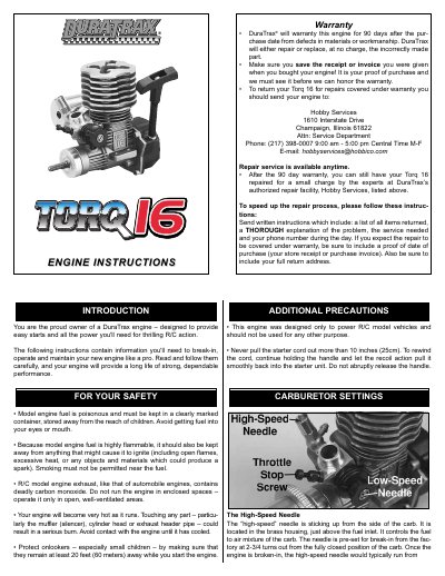 DuraTrax Torq 16 Engine Instructions - cover page
