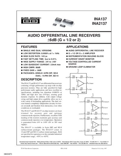 Texas Instruments INA137, INA2137 Audio Differential Line Receivers Handbook - cover page