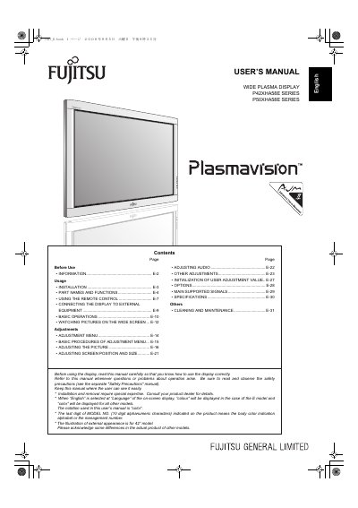 FUJITSU WIDE PLASMA DISPLAY P42XHA58E SERIES P50XHA58E SERIES USER S MANUAL  - cover page