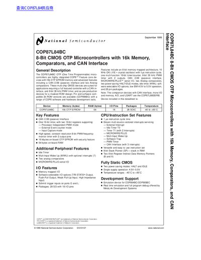 National Semiconductor COP87L84BC 8-Bit CMOS OTP Microcontroller Datasheet - cover page