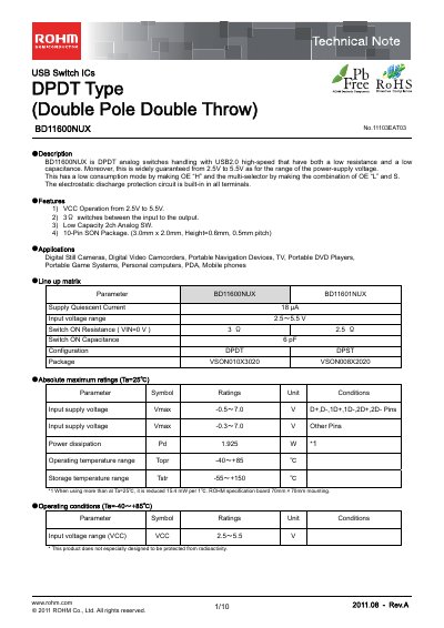 ROHM BD11600NUX USB Switch IC Datasheet - cover page