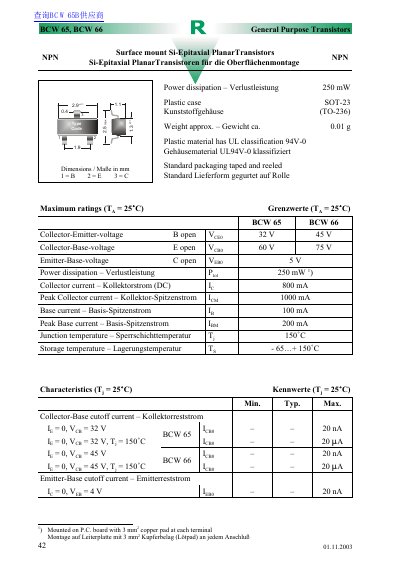 NPN BCW 65/66 General Purpose Transistor Datasheet - cover page