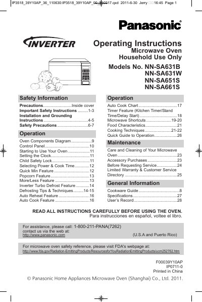 Panasonic NN-SA631B Microwave Oven Operating Instructions