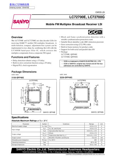 Sanyo LC72700E/LC72700G Mobile FM Multiplex Broadcast Receiver LSI Datasheet - cover page