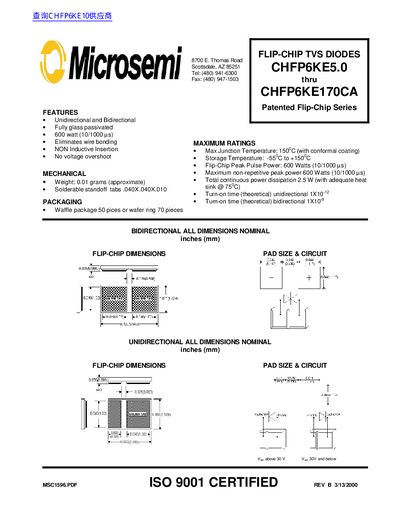 Microsemi CHFP6KE5.0‑CHFP6KE170CA Flip‑Chip TVS Diodes Datasheet - cover page