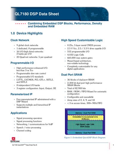 QuickLogic QL7180 DSP Data Sheet - cover page