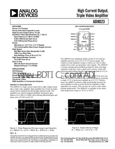 Analog Devices AD8023 Triple Video Amplifier Datasheet - cover page